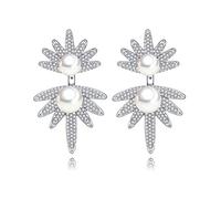 S925 Pendiente de aguja de plata esterlina Personalidad AAA Circón + Concha Perla Pendiente de temperamento largo Párrafo Mujeres Niñas Joyas hipoalergénicas-White-One size