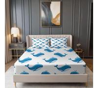 Sábana Ajustable 3 Piezas, Ballenas De Amor Minimalistas Y Lindas Estampado, Azul Claro Sábana Ajustable Suave Lavable máquina, 180 x 200 cm Fácil Cuidado para Adolescentes