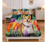 Sábana Ajustable 3 Piezas, Campo Animales Corgi Tulip Estampado, Verde Sábana Ajustable Suave Lavable máquina, 180x200cm Fácil Cuidado para Adolescentes Cama 180
