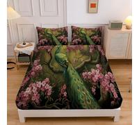 Sábana Ajustable 3 Piezas, Elegancia Pavo Real Estilo Barroco Cerezos Flor Estampado, Verde Sábana Ajustable Suave Lavable máquina, 180x200cm Fácil Cuidado para Adolescentes Cama 180
