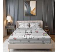 Sábana Ajustable 3 Piezas, Lindos Bulldogs Franceses con Corazones Estampado, Gris Claro Sábana Ajustable Suave Lavable máquina, 150 x 200 cm Fácil Cuidado para Adolescentes