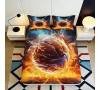 Sábana Ajustable 3D Impresa Baloncesto en Llamas Microfibra Bolsillo Profundo Antideslizante Flame Basketball Mattress Fitted Cover Dormitorio 160x200x25cm