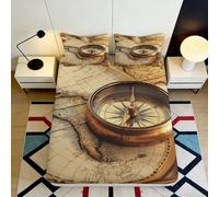 Sábana Ajustable 3D Impresa Brújula Vintage Microfibra Bolsillo Profundo Juego de Cama Dormitorio Brújula Mapa Mattress Fitted Cover Antideslizante Protección Colchón 200x200x25cm