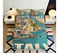 Sábana Ajustable 3D Impresa Costa Italia Microfibra Bolsillo Profundo Antideslizante Funda Colchón Dormitorio Lavable 160x200x25cm