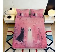 Sábana Ajustable 3D Impresa Gato Fantasma Microfibra Bolsillo Profundo Cubierta Colchón Cama Dormitorio para Adultos 200x200x25cm