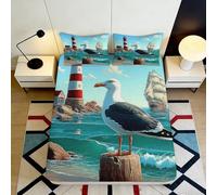 Sábana Ajustable 3D Impresa Gaviota Faro Microfibra Bolsillo Profundo Antideslizante Ropa de Cama Faro Mar Mattress Fitted Cover Lavable 160x200x25cm