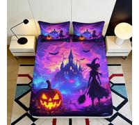 Sábana Ajustable 3D Impresa Halloween Bruja Castillo Microfibra Bolsillo Profundo Ropa de Cama Calabaza Antideslizante Mattress Fitted Cover Lavable 160x200x25cm