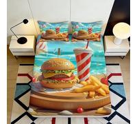 Sábana Ajustable 3D Impresa Hamburguesa Papas Fritas Microfibra Bolsillo Profundo Dormitorio Funda colchón Hamburguesa Antideslizante Lavable 200x200x25cm