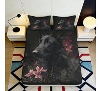 Sábana Ajustable 3D impresión Lobo Negro Floral Microfibra Bolsillo Profundo Antideslizante Dormitorio Ropa de Cama Lobo Negro Floral Mattress Fitted Cover Lavable 90x200x25cm