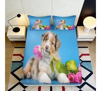 Sábana Ajustable 3D Perro Flores Microfiber Bolsillo Profundo Antideslizante Ropa Cama Dormitorio Funda colchón Perro Lavable Envolvente 200x200x25cm