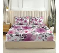 Sábana Ajustable Acuarela Flores Hierba Rosa 135 X 190 Cm Microfibra Suave Transpirable Antiarrugas Antideslizante Juego 3 Piezas 1 Funda Ajustable + 2 Fundas De Almohada