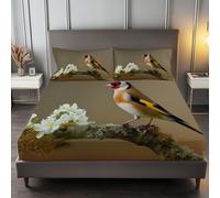 Sábana Ajustable Animales Jilguero Flores 3D Sábana Adjustable Colcha Funda de Colchón, Marrón Protector de Ropa de Cama con Elásticos 180 x 200 cm, para Adultos Y Niños con 2 Fundas De Almohada