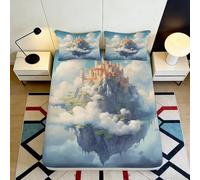 Sábana Ajustable Castillo en la Nube 3D Microfibra Bolsillo Profundo Dormitorio Mattress Fitted Cover Lavable Antideslizante 180x200x25cm