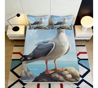 Sábana Ajustable Estampado 3D Gaviota Paisaje Microfibra Bolsillo Profundo Antideslizante Ropa de Cama Mattress Fitted Cover Adultos Vista Mar 90x200x25cm