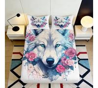 Sábana Ajustable impresión 3D Lobo Rosas Microfibra Bolsillo Profundo Antideslizante Ropa de Cama Funda colchón Lobo para Adultos jóvenes 160x200x25cm
