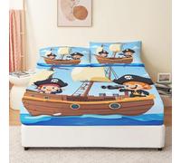 Sábana Ajustable Niños Piratas De Dibujos Animados Juego de Cama de 3 Piezas Estampado 135 x 190 cm Tamaño Suave y Lavable a máquina Azul, Marrón Sábana Ajustable para Adolescentes
