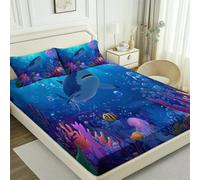 Sábana Ajustable Transpirable, Suave Microfibra Tiburón De Dibujos Animados En El Arrecife De Coral Imprimir Vistoso Sábana Ajustable con Elástica Bolsillo Profundo para Grueso Colchón - 90 x 190 cm