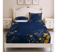 Sabana Bajera 135x190 Flores Amarillas Sabanas Bajeras Estampadas Azul Oscuro Sábana Bajera Ajustable Suaves, Elastico Funda Colchon con 2 Funda Almohada 50x80 cm, para Colchón de 30cm de Altura