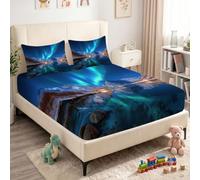 Sábana bajera 140 x 200 cm, protector de colchón para niños, microfibra, paisaje realista, aurora boreal, sábana bajera suave para cama continental, colchón de hasta 30 cm