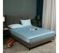 Sábana Bajera 180x200 Bambú Azul Claro Refrescante Transpirable y Antialérgica Sábana 100% Bambú Sábana de 180 x 200 para Cama de Matrimonio Liso Tela de Lino para Colchón Alto Puente Alto hasta 25-30