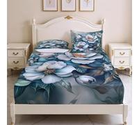 Sabana Bajera 180x200 Flores Azules Sabanas Bajeras Estampadas Fresco Sábana Bajera Ajustable Suaves, Elastico Funda Colchon con 2 Funda Almohada 50x80 cm, para Colchón de 30cm de Altura