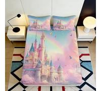 Sábana Bajera 3D Impresa Castillo Fantasía Microfibra Antideslizante Bolsillo Profundo Dormitorio Funda de Colchón Lavable Castillo 160x200x25cm