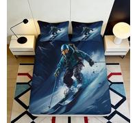 Sábana Bajera 3D Impresa Diseño Esquí Microfibra Bolsillo Profundo Antideslizante Funda Colchón Esquí Lavable para Dormitorio Todas Edades 140x200x25cm