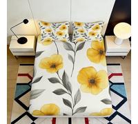 Sábana Bajera 3D Impresa Flores Amarillas Microfibra Bolsillo Profundo Antideslizante Cubierta de Colchón Floral para Dormitorio, Lavable 180x200x25cm