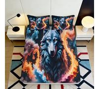 Sábana Bajera 3D Impresa Lobo de Llama Microfibra Bolsillo Profundo Antideslizante Flame Wolf Mattress Fitted Cover Dormitorio 90x200x25cm