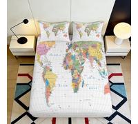 Sábana Bajera 3D Impresa Mapa Mundo Microfibra Antideslizante Bolsillo Profundo Cama Mapa Mundo Mattress Fitted Cover Lavable Adulto 90x200x25cm