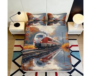 Sábana Bajera 3D Impresa Paisaje Tren Microfibra Deep Pocket Dormitorio Conjunto Tren Mattress Fitted Cover Antideslizante Adultos 160x200x25cm
