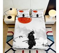 Sábana Bajera 3D Impresa Samurai Microfibra Bolsillo Profundo Ropa de Cama Samurai Cubrecolchón Envuelve Antideslizante Lavable para Adultos 200x200x25cm