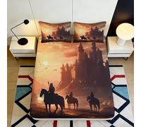 Sábana Bajera 3D Impresión Castillo Caballero Microfibra Bolsillo Profundo Antideslizante Funda Colchón Castillo Dormitorio Lavable 140x200x25cm