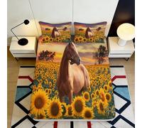 Sábana Bajera 3D Impresión Girasol Caballo Microfibra Bolsillo Profundo Antideslizante Funda de Colchón Girasol Caballo Lavable Dormitorio 90x200x25cm