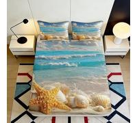 Sábana Bajera 3D Impresión Playa Conchas Microfibra Bolsillo Profundo Elástico Protector Cubrematratón Océano Lavable para Hogar Todas Las Edades 180x200x25cm