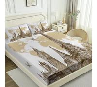 Sabana Bajera 90 × 190 cm Bolsillo 35 cm, Retro Edificio Torre Mapa del Mundo Estampada, Sabanas Refrescantes Verano, Sábana Bajera Blanco de Hipoalergenico y Antiacaros