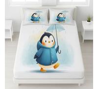 Sabana Bajera 90 x 190 cm 2 Piezas + 1 Funda 50 x 75 cm, Se Adapta a Colchones de hasta 30 cm, Microfibra Suave, Transpirable, Antiarrugas, Azul, Dibujos Animados Paseando Pequeño Pingüino