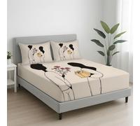 Sabana Bajera 90 x 190 cm 2 Piezas + 1 Funda 50 x 75 cm, Se Adapta a Colchones de hasta 30 cm, Microfibra Suave, Transpirable, Antiarrugas, Beige, Dibujo Lineal Romántico Pareja