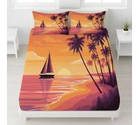 Sabana Bajera 90 x 190 x 30 cm 2 Piezas + 1 Funda 50 x 75 cm, Microfibra Cepillada Ajustable de Bolsillo Profundo, Suave, Delicada para la Piel, Naranja, Cómic Océano Barco Pequeño