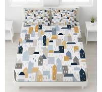 Sabana Bajera 90 x 190 x 30 cm 2 Piezas + 1 Funda 50 x 75 cm, Microfibra Cepillada Ajustable de Bolsillo Profundo, Suave, Delicada para la Piel, Blanco, Abstracto Geométrico Arquitectura