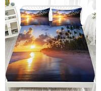 Sabana Bajera 90x190 Puesta De Sol Sabanas Bajeras Estampadas Playa Sábana Bajera Ajustable Suaves, Elastico Funda Colchon con 2 Funda Almohada 50x80 cm, para Colchón de 30cm de Altura