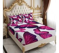 Sábana Bajera Ajustable 140 x 200 cm Patrón de Mariposa con 2 Fundas de Almohada 50x80, Juego de Sábanas 3 Piezas Microfibra, púrpura Rosado para Colchón Alto 25 cm