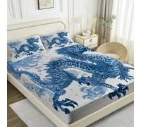 Sábana Bajera Ajustable 140x200 cm Estampado Dragón Azul Microfibra Suave con Bolsillo Profundo 30 cm Antideslizante Estilo Porcelana Azul y Blanca Lavable a Máquina para Dormitorio