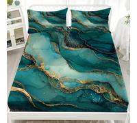 Sabana Bajera Ajustable 150x190x30cm Elástico en el Borde Bolsillo de 30cm Verde Oscuro Sabana Ajustable Tacto Suave Transpirable Cepillada y 2 Funda de Almohada 50x75, PatróN de áGata Dorada