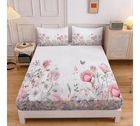 Sábana Bajera Ajustable 150x200cm Campo Flores, Microfibra Lavable Cubre Colchon, Rosa Flores Mariposas Transpirable Bed Sheets 30cm Profundidad Sabanas Cama 150 Mattress Protector, Gris Claro