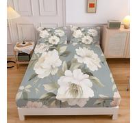 Sábana Bajera Ajustable 150x200cm Flores Acuarela, Microfibra Lavable Cubre Colchon, Peonía Blanca Transpirable Bed Sheets 30cm Profundidad Sabanas Cama 150 Mattress Protector, Gris