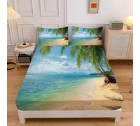 Sábana Bajera Ajustable 150x200cm Plantas Tropicales, Microfibra Lavable Cubre Colchon, Playa Dorada con Palmeras Transpirable Bed Sheets 30cm Profundidad Sabanas Cama 150 Mattress Protector, Azul