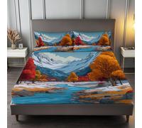 Sábana Bajera Ajustable 160 x 200 cm Paisaje Dibujos Animados Montañas Y Arroyos, Microfibra hipoalergénica Transpirable con Estampado Sábana Bajera Ajustable para Colchón de 30cm de Altura, Azul