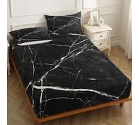 Sábana Bajera Ajustable 160 x 200 cm Textura de mármol con 2 Fundas de Almohada 50x80, Juego de Sábanas 3 Piezas Microfibra, Negro para Colchón Alto 25 cm