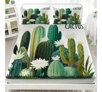 Sabana Bajera Ajustable 160x200x30cm Elástico en el Borde Bolsillo de 30cm Plantas Cactus Flores Sabana Ajustable Tacto Suave Transpirable Cepillada y 2 Funda de Almohada 50x75, Verde